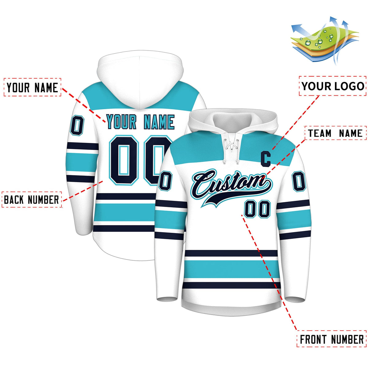 Custom Hockey Hoodie Jersey White Sky Blue Raglan Sleeves Lace-Up Neck Personalized Jersey for Men &amp; Youth