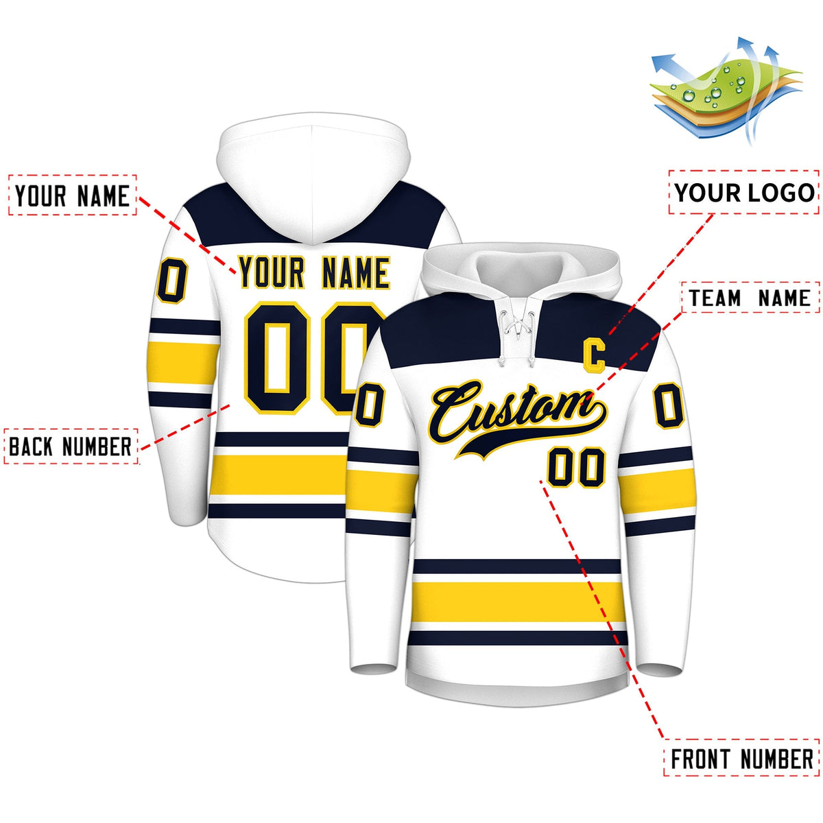 Custom Hockey Hoodie Jersey White Navy Raglan Sleeves Lace-Up Neck Classic Team Colors Hoodie