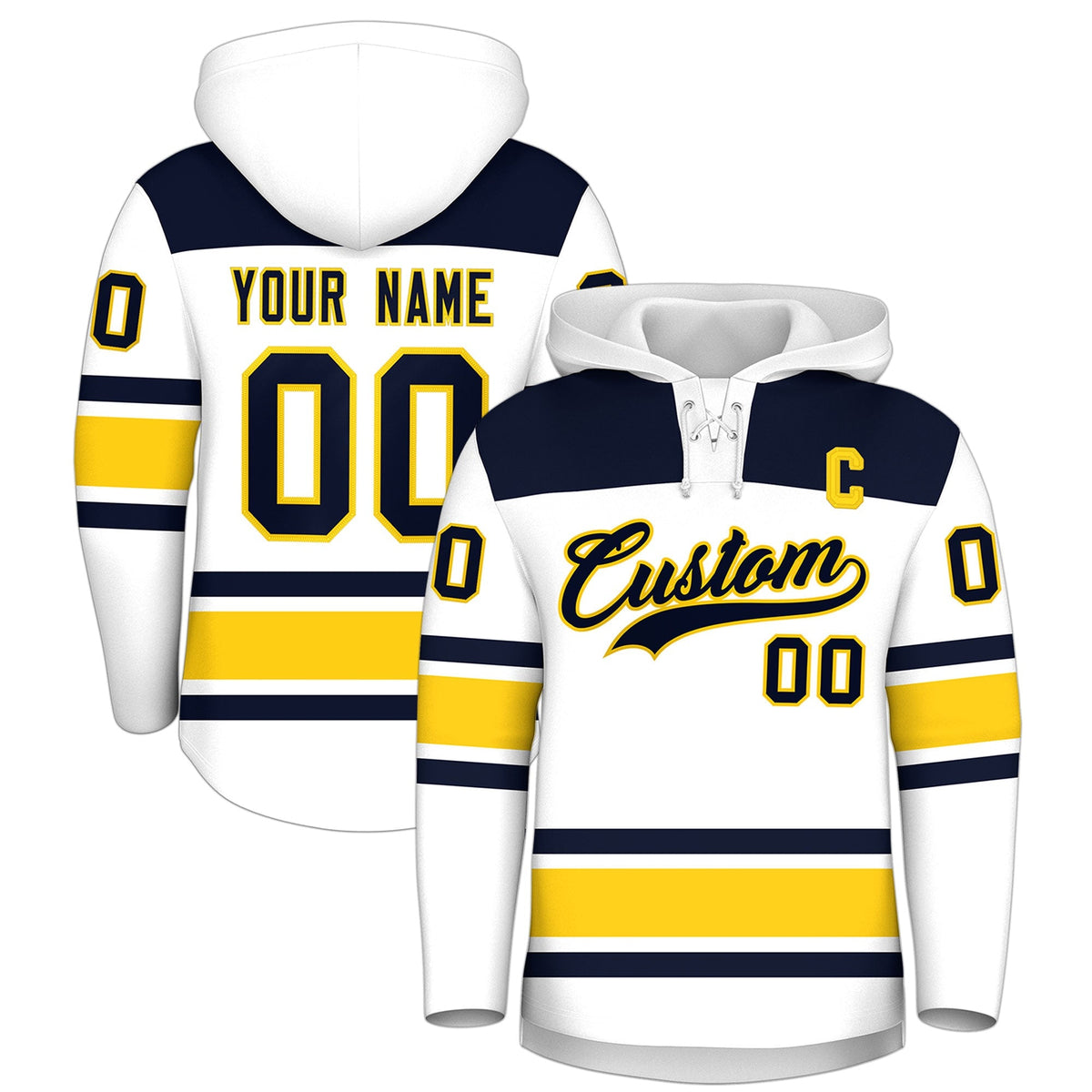 Custom Hockey Hoodie Jersey White Navy Raglan Sleeves Lace-Up Neck Classic Team Colors Hoodie