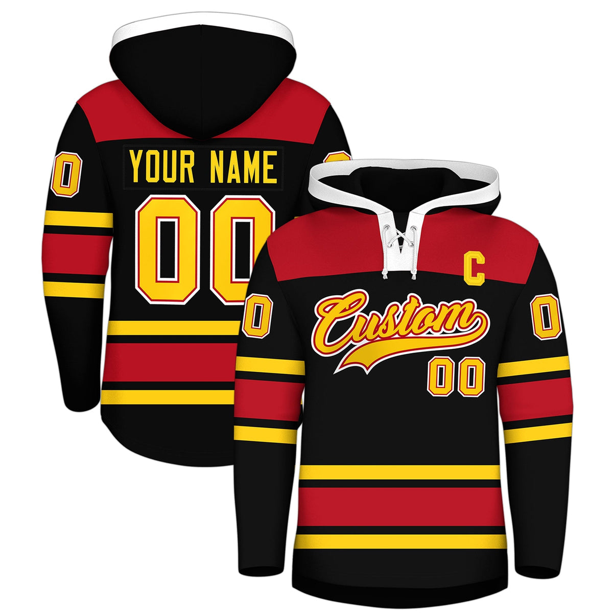 Custom Hockey Hoodie Jersey Black Red Raglan Sleeves Lace-Up Neck Personal Name &amp; Number &amp; Logo
