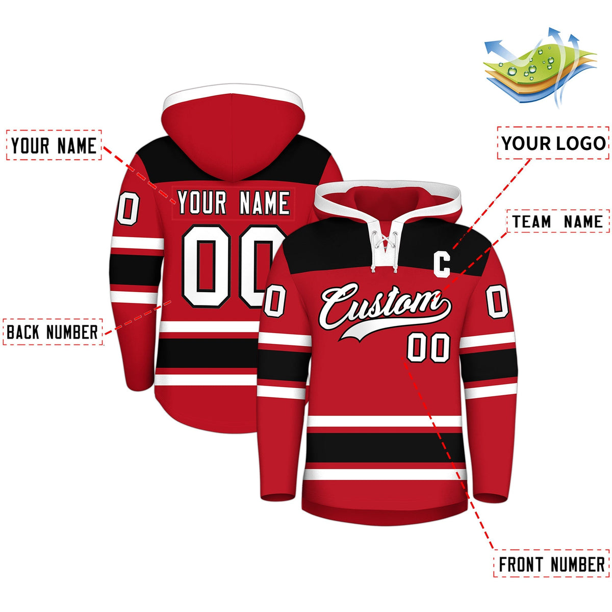 Custom Hockey Hoodie Jersey Red Black Raglan Sleeves Lace-Up Neck Classic Team Colors Hoodie