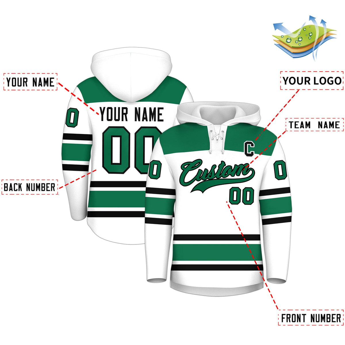 Custom Hockey Hoodie Jersey White Kelly Green Raglan Sleeves Lace-Up Neck Personalized Jersey for Men &amp; Youth