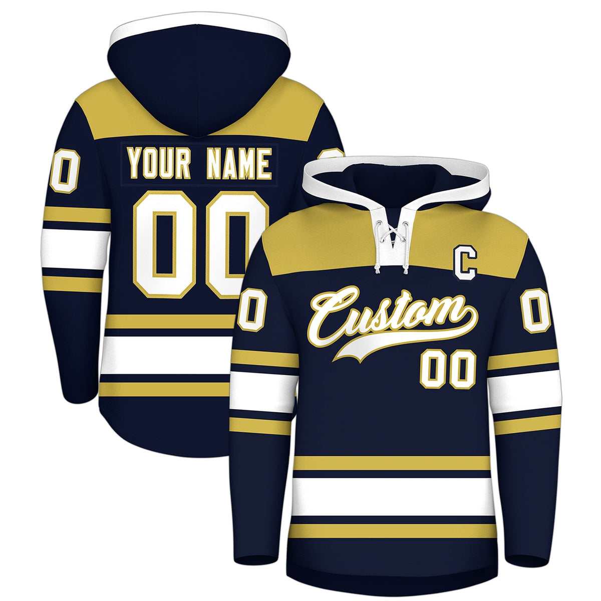 Custom Hockey Hoodie Jersey Navy Old Gold Raglan Sleeves Lace-Up Neck Personalized Jersey for Men &amp; Youth