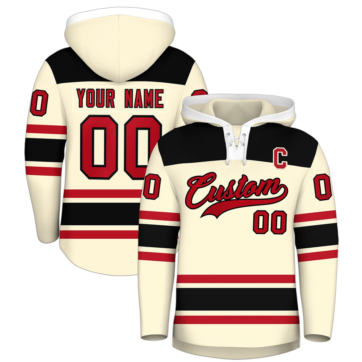 Custom Hockey Hoodie Jersey Cream Black Raglan Sleeves Lace-Up Neck Personal Name &amp; Number &amp; Logo