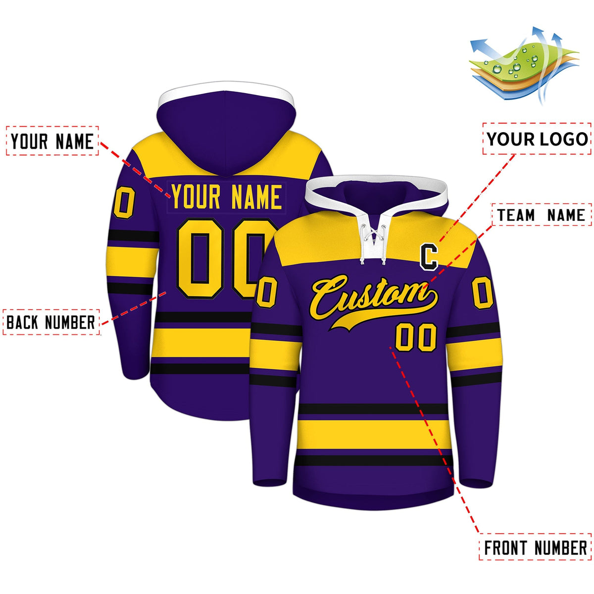 Custom Hockey Hoodie Jersey Purple Gold Raglan Sleeves Lace-Up Neck Personal Name &amp; Number &amp; Logo