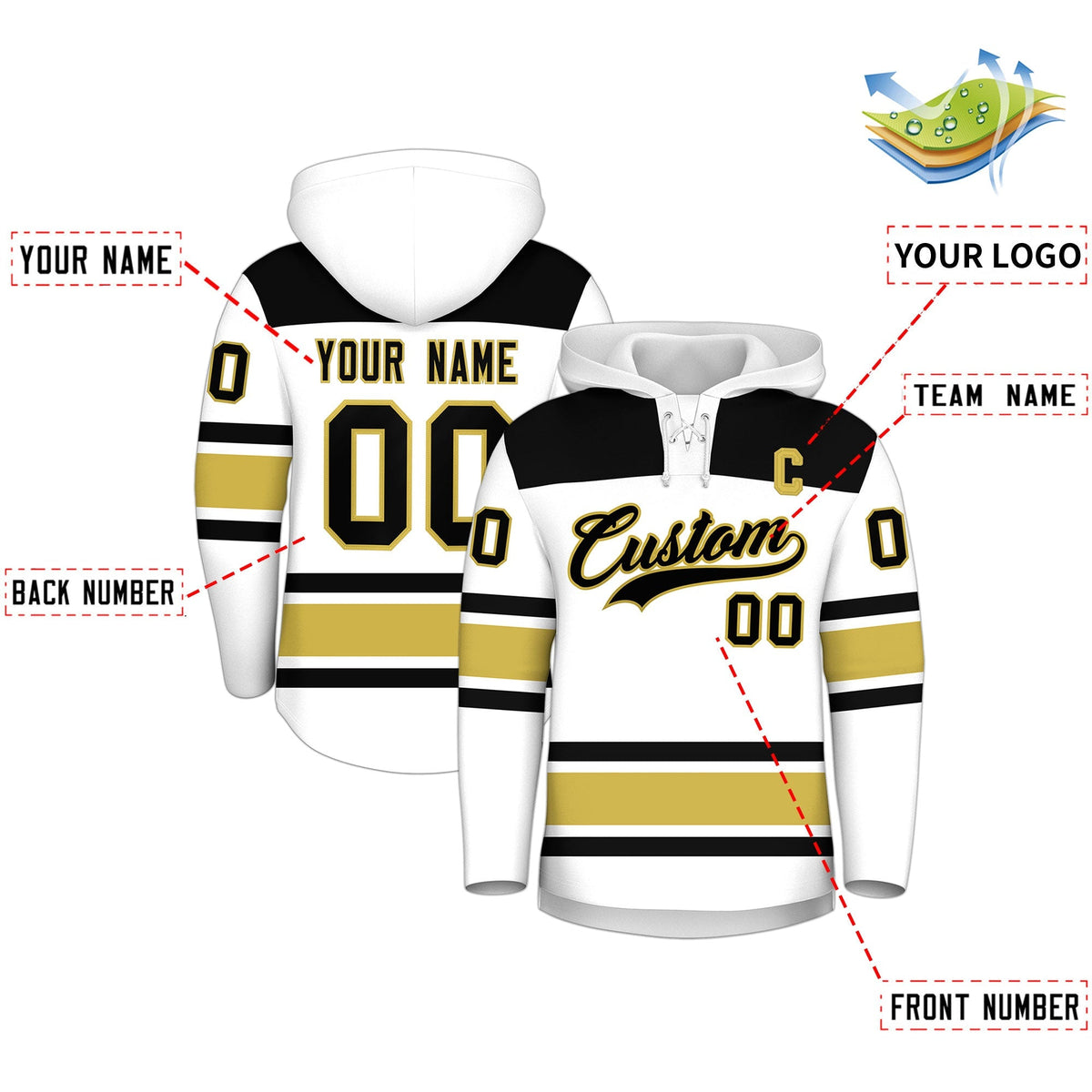 Custom Hockey Hoodie Jersey White Old Gold Raglan Sleeves Lace-Up Neck Classic Team Colors Hoodie