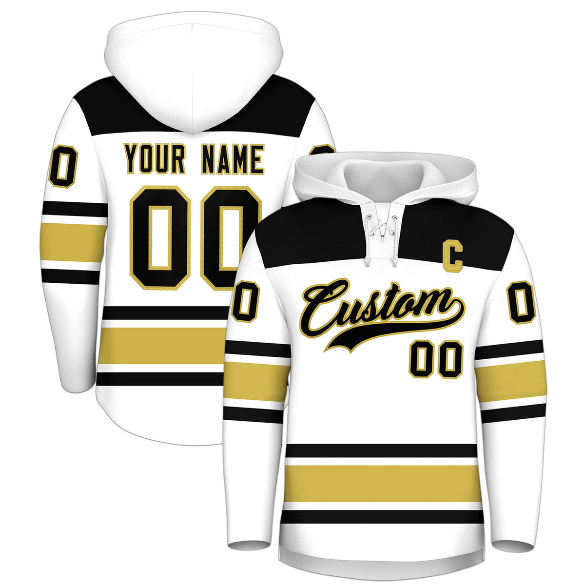 Custom Hockey Hoodie Jersey White Old Gold Raglan Sleeves Lace-Up Neck Classic Team Colors Hoodie