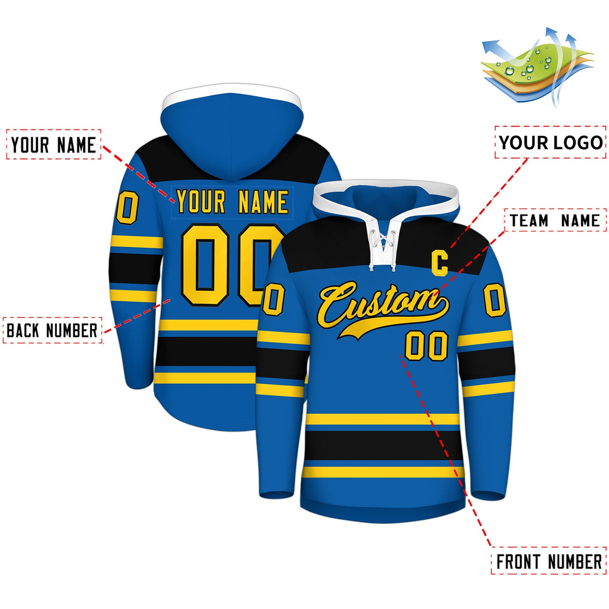 Custom Hockey Hoodie Jersey Royal Black Raglan Sleeves Lace-Up Neck Personalized Jersey for Men &amp; Youth