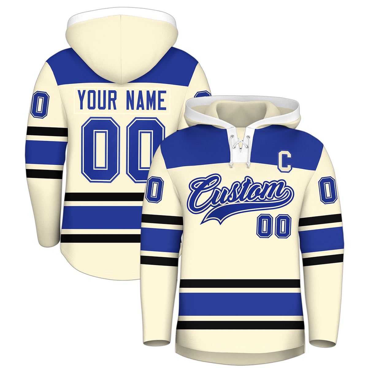 Custom Hockey Hoodie Jersey Cream Royal Blue Raglan Sleeves Lace-Up Neck Personal Name &amp; Number &amp; Logo