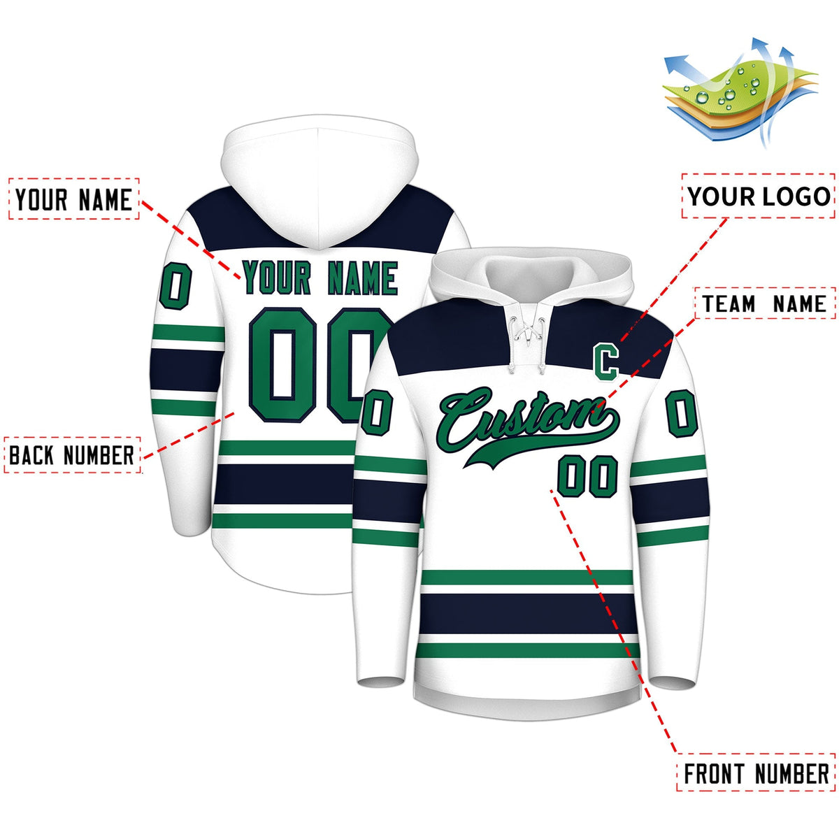 Custom Hockey Hoodie Jersey White Navy Raglan Sleeves Lace-Up Neck Classic Team Colors Hoodie