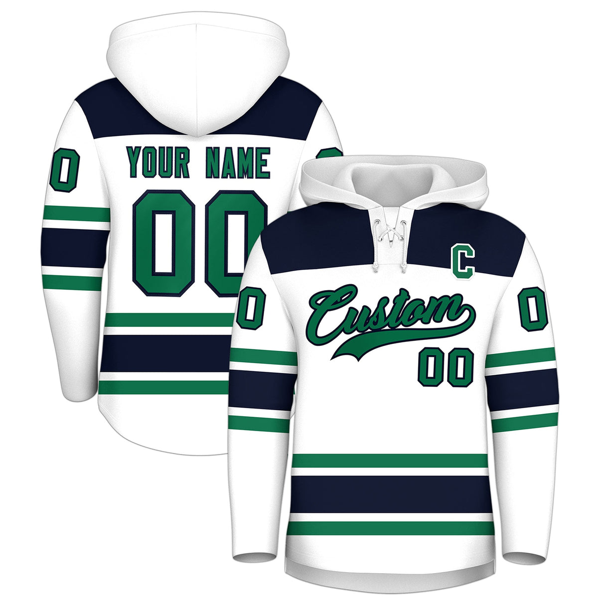 Custom Hockey Hoodie Jersey White Navy Raglan Sleeves Lace-Up Neck Classic Team Colors Hoodie