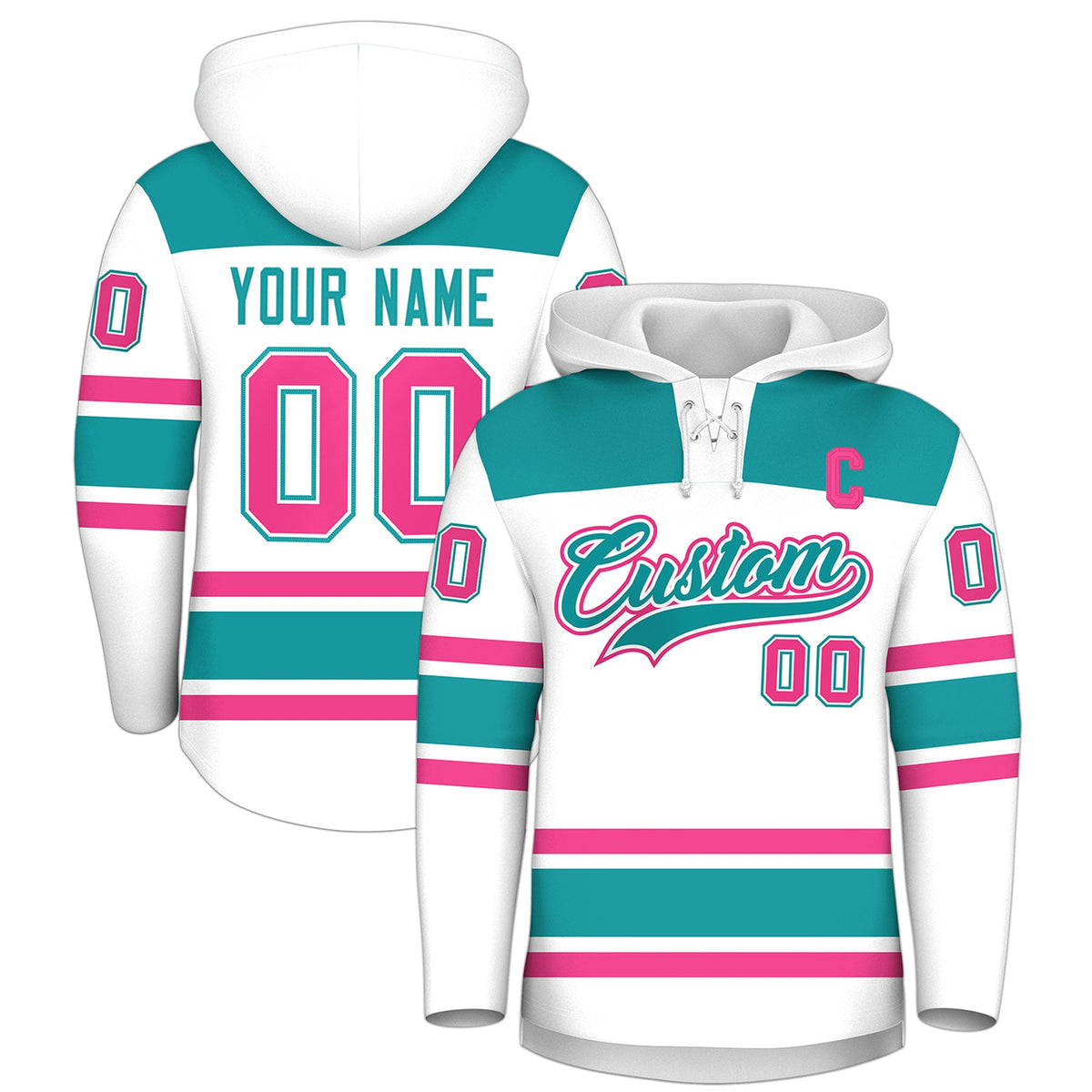 Custom Hockey Hoodie Jersey White Aqua Raglan Sleeves Lace-Up Neck Personal Name &amp; Number &amp; Logo