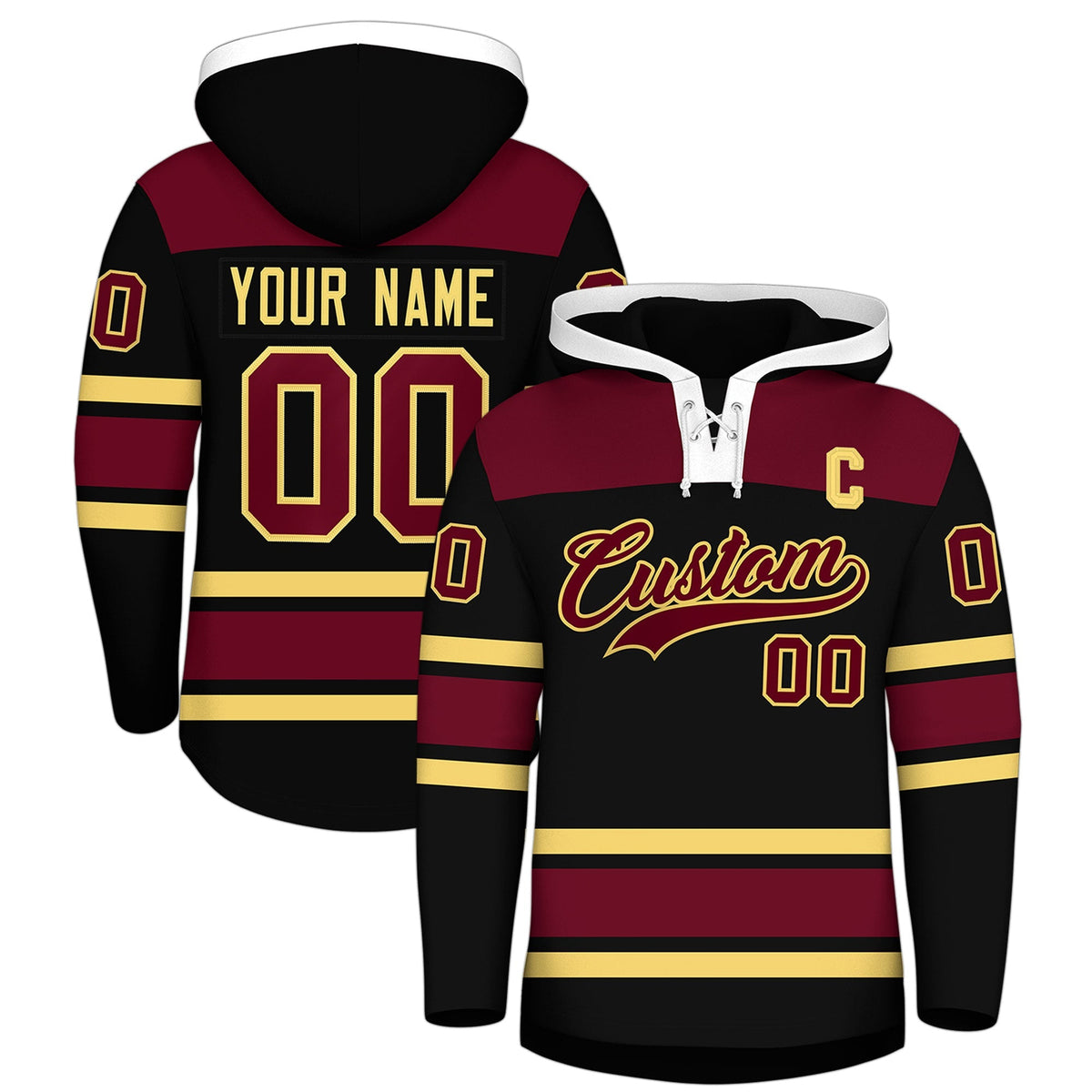 Custom Hockey Hoodie Jersey Black Crimson Raglan Sleeves Lace-Up Neck Personalized Jersey for Men &amp; Youth