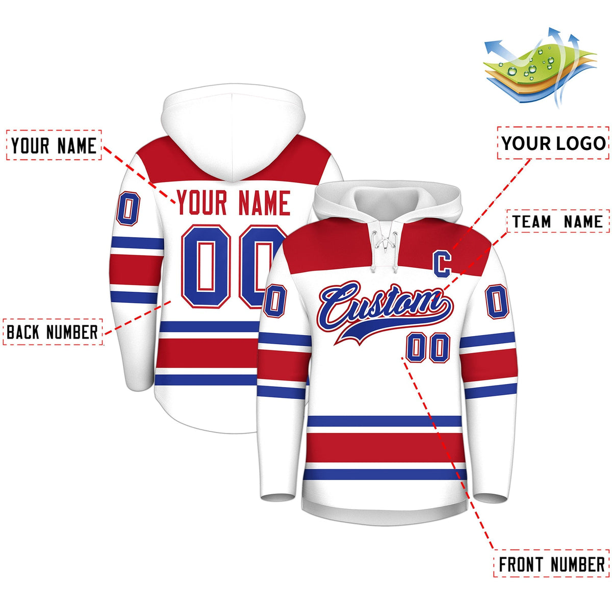 Custom Hockey Hoodie Jersey White Red Raglan Sleeves Lace-Up Neck Classic Team Colors Hoodie