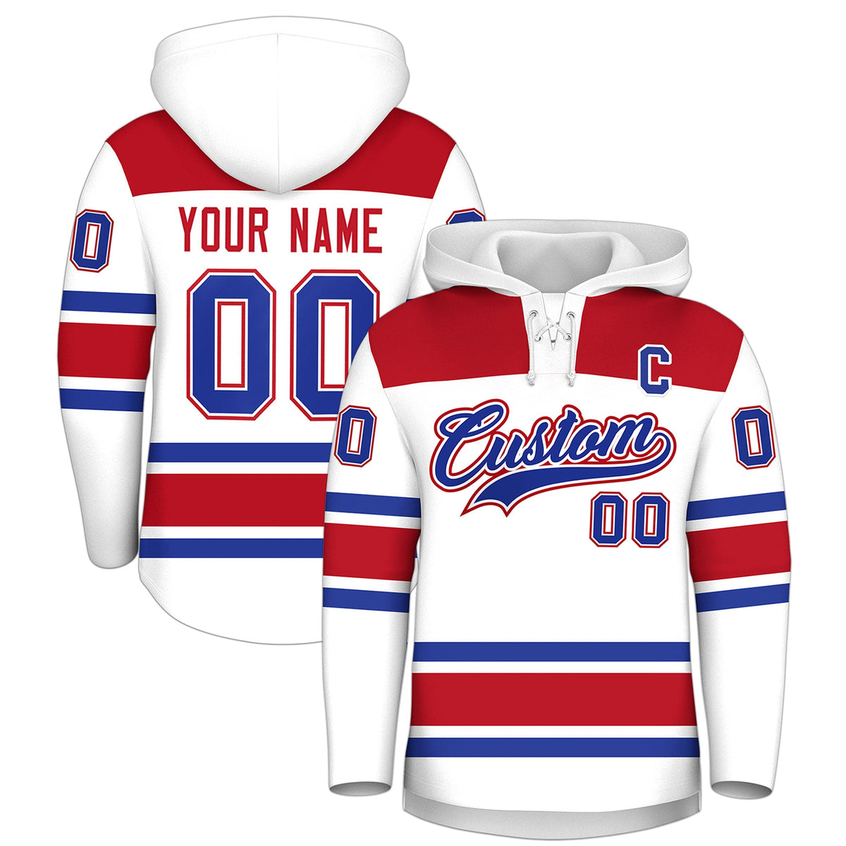 Custom Hockey Hoodie Jersey White Red Raglan Sleeves Lace-Up Neck Classic Team Colors Hoodie