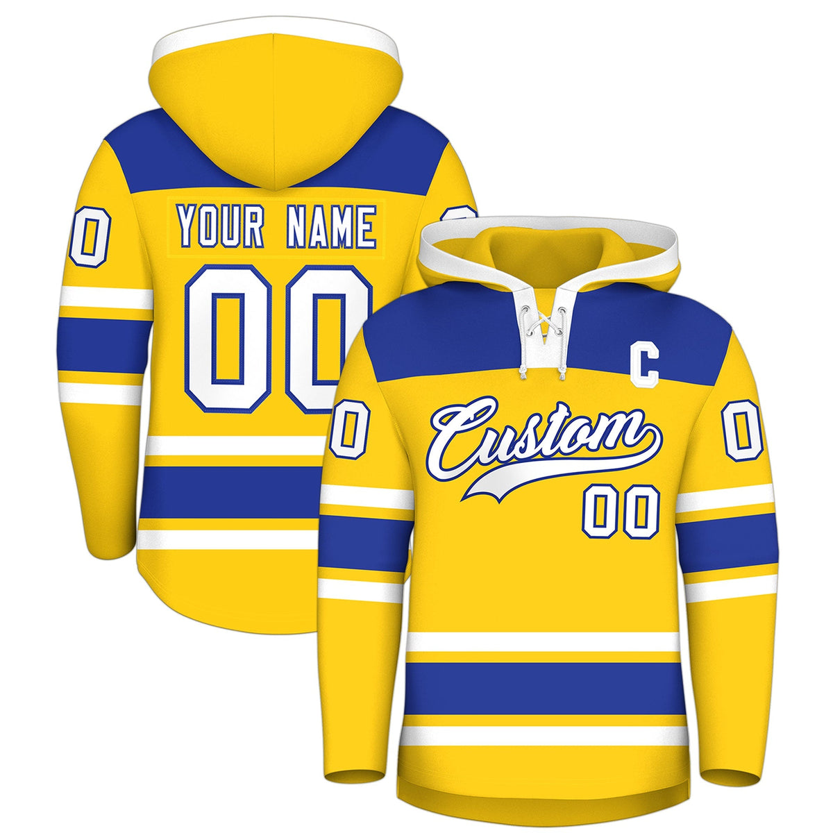 Custom Hockey Hoodie Jersey Gold Royal Blue Raglan Sleeves Lace-Up Neck Personalized Jersey for Men &amp; Youth