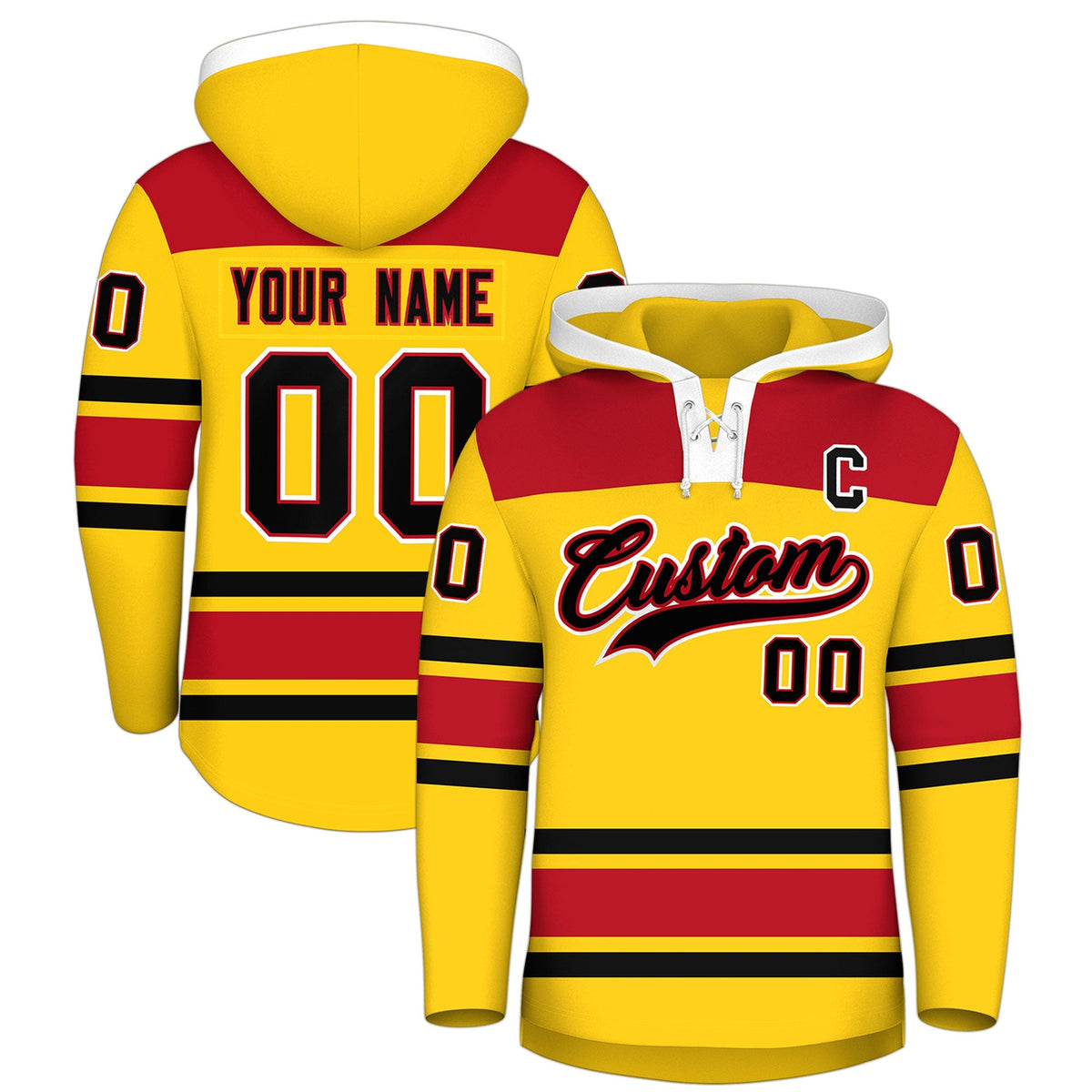 Custom Hockey Hoodie Jersey Gold Red Raglan Sleeves Lace-Up Neck Personal Name &amp; Number &amp; Logo