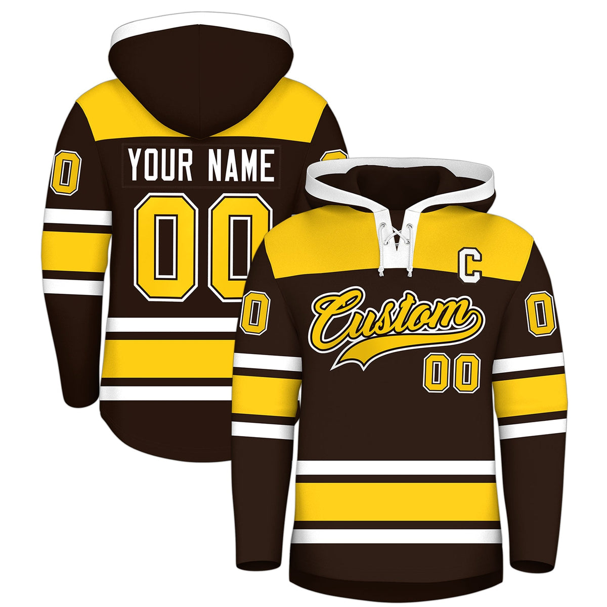 Custom Hockey Hoodie Jersey Brown Gold Raglan Sleeves Lace-Up Neck Personalized Jersey for Men &amp; Youth