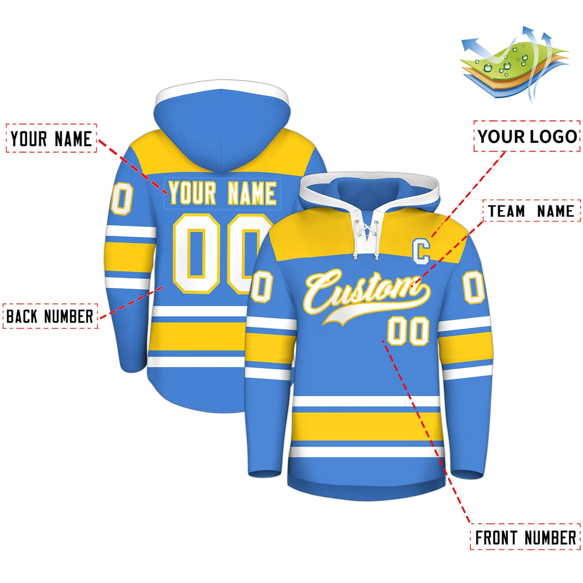 Custom Hockey Hoodie Jersey Powder Blue Gold Raglan Sleeves Lace-Up Neck Classic Team Colors Hoodie