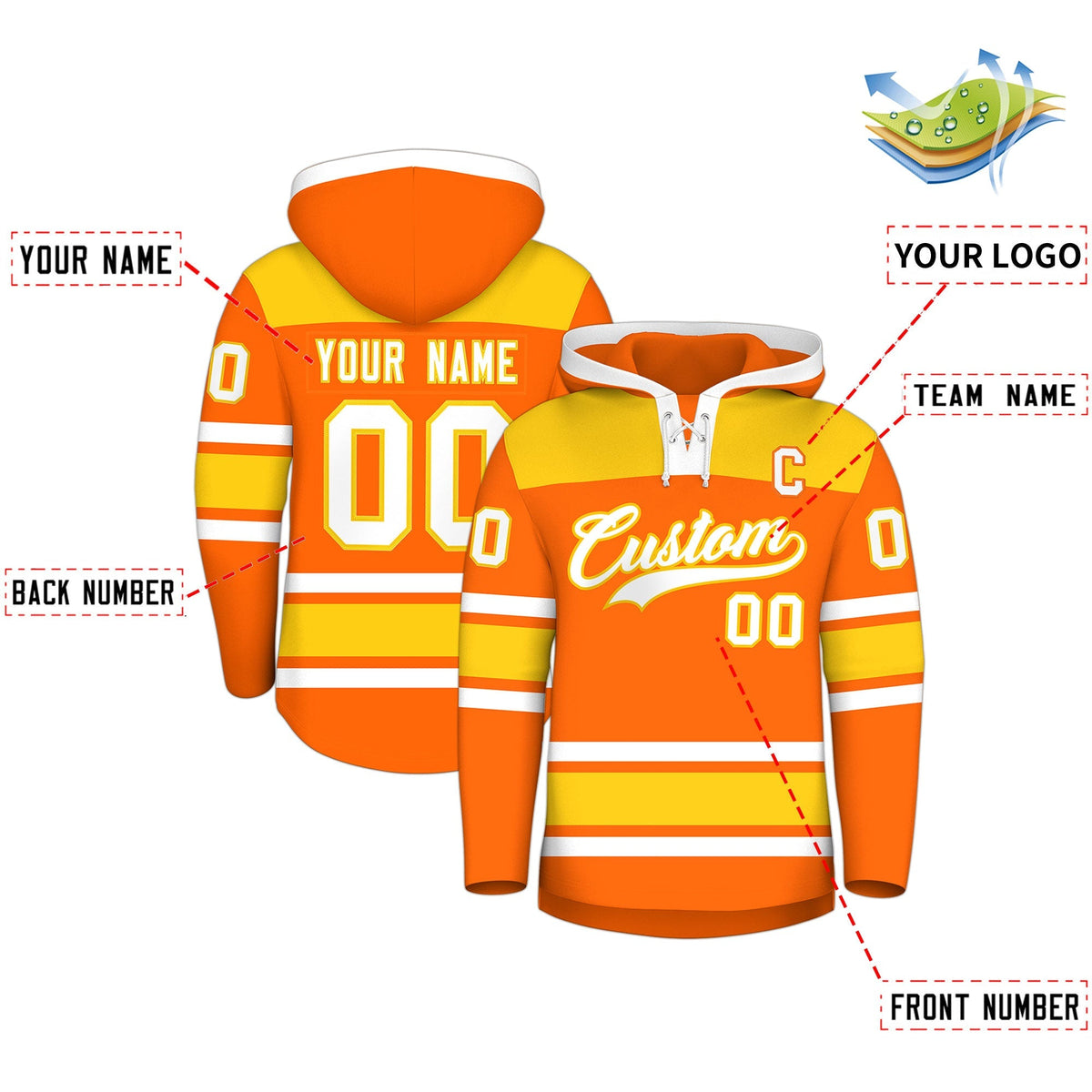 Custom Hockey Hoodie Jersey Orange Gold Raglan Sleeves Lace-Up Neck Personal Name &amp; Number &amp; Logo