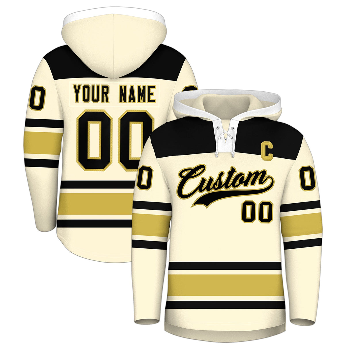 Custom Hockey Hoodie Jersey Cream Old Gold Raglan Sleeves Lace-Up Neck Personal Name &amp; Number &amp; Logo
