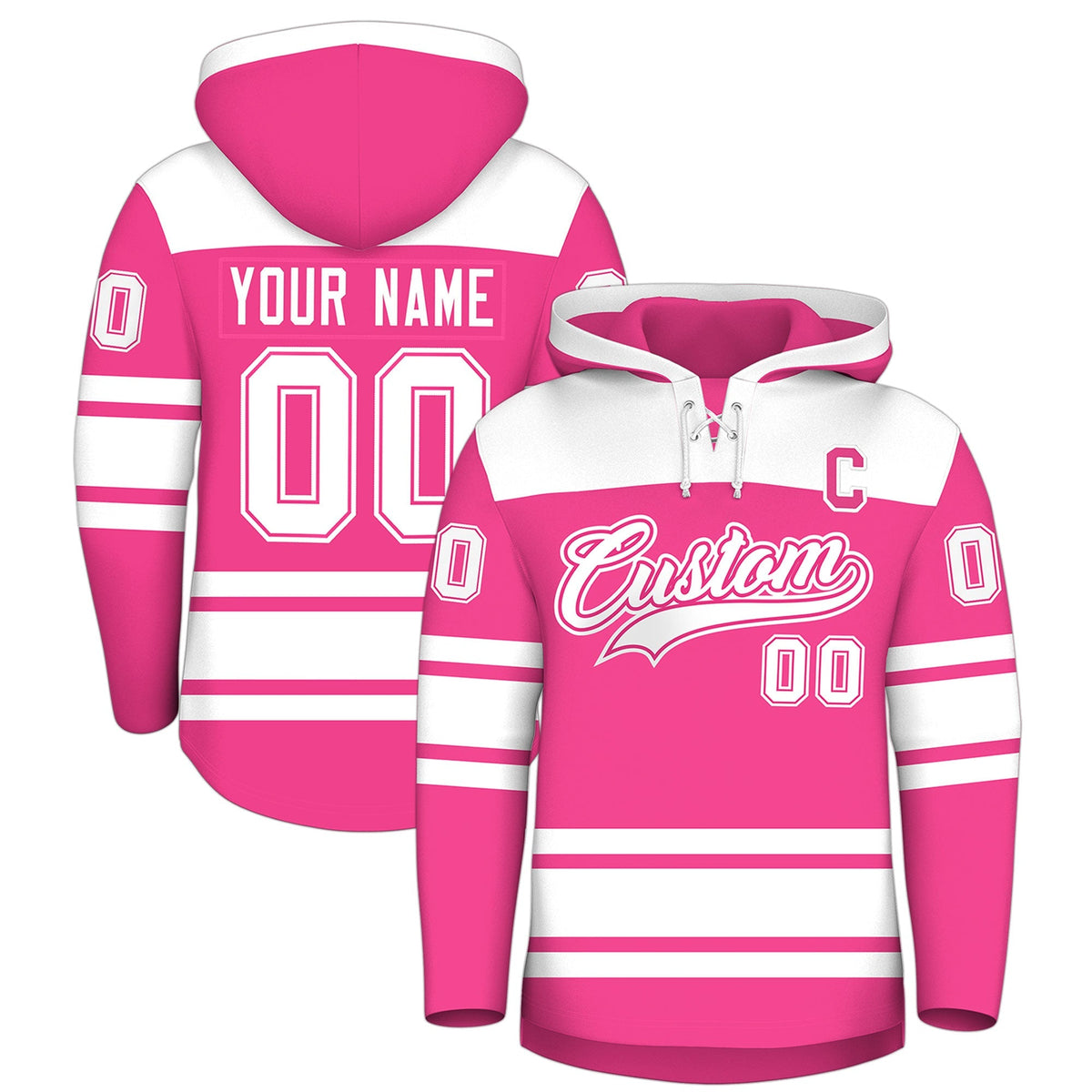 Custom Hockey Hoodie Jersey Pink White Raglan Sleeves Lace-Up Neck Personalized Jersey for Men &amp; Youth