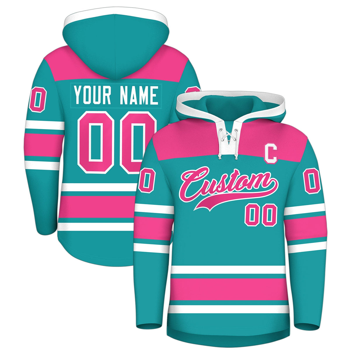 Custom Hockey Hoodie Jersey Aqua Pink Raglan Sleeves Lace-Up Neck Classic Team Colors Hoodie