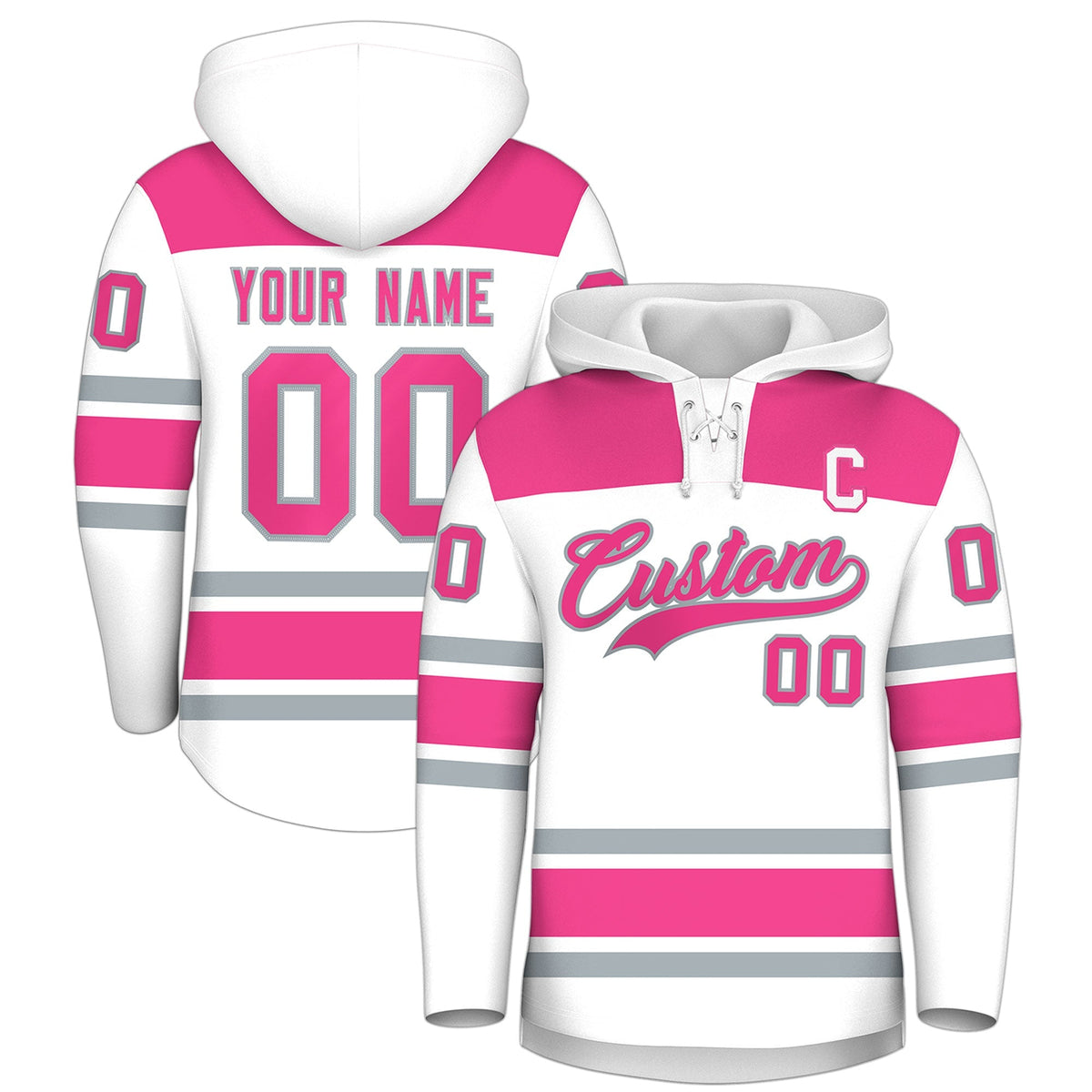 Custom Hockey Hoodie Jersey White Pink Raglan Sleeves Lace-Up Neck Personal Name &amp; Number &amp; Logo