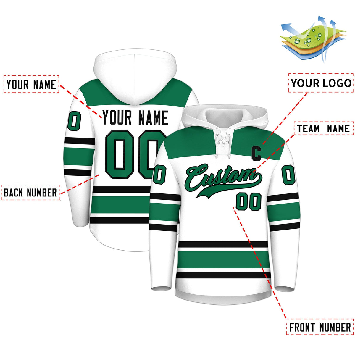 Custom Hockey Hoodie Jersey White Kelly Green Raglan Sleeves Lace-Up Neck Classic Team Colors Hoodie