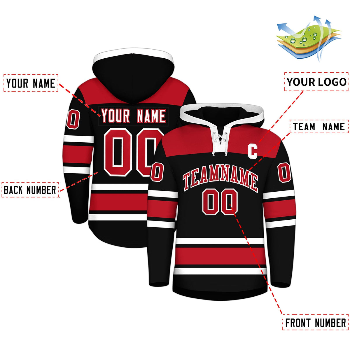 Custom Hockey Hoodie Jersey Black Red Raglan Sleeves Lace-Up Neck Personalized Jersey for Men &amp; Youth