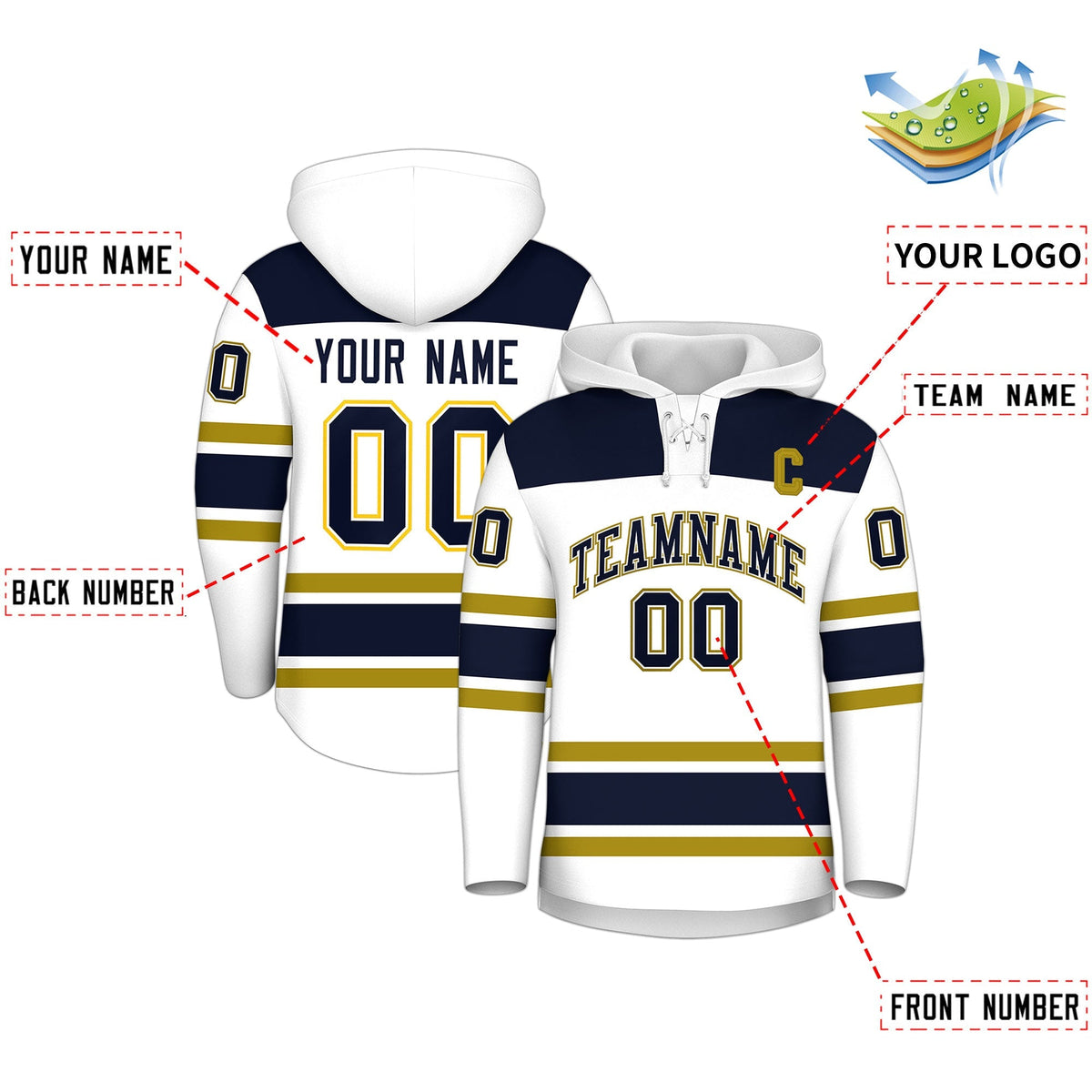 Custom Hockey Hoodie Jersey White Navy Raglan Sleeves Lace-Up Neck Personal Name &amp; Number &amp; Logo