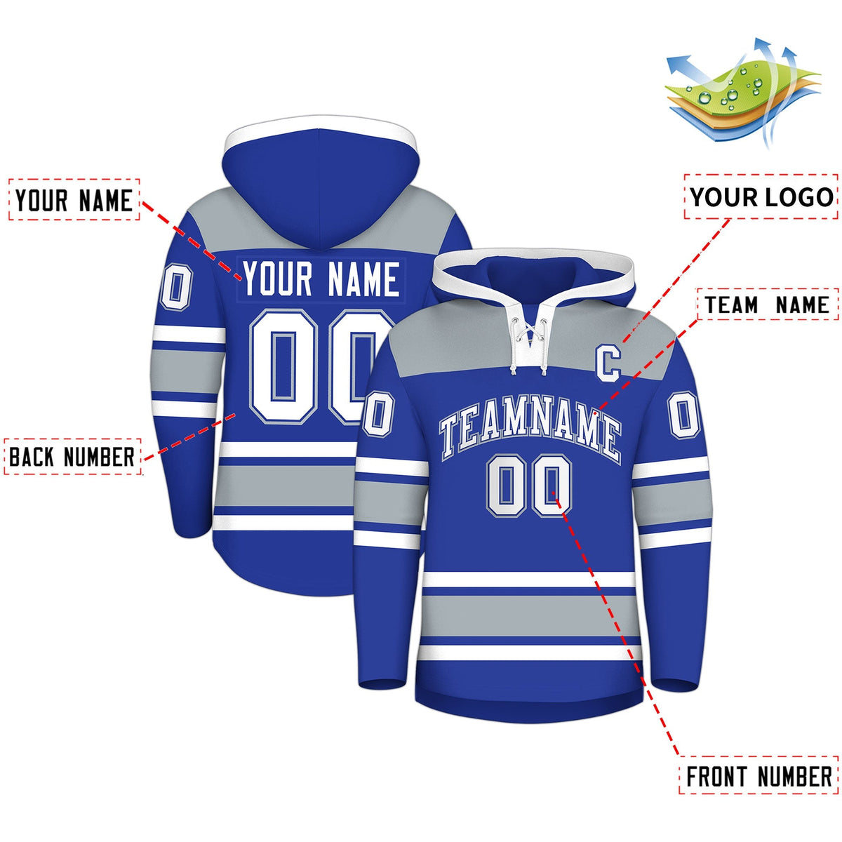 Custom Hockey Hoodie Jersey Royal Blue Silver Raglan Sleeves Lace-Up Neck Personalized Jersey for Men &amp; Youth