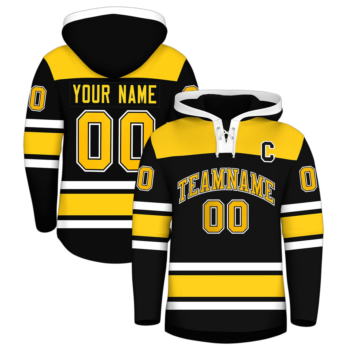 Custom Hockey Hoodie Jersey Black Gold Raglan Sleeves Lace-Up Neck Personalized Jersey for Men &amp; Youth