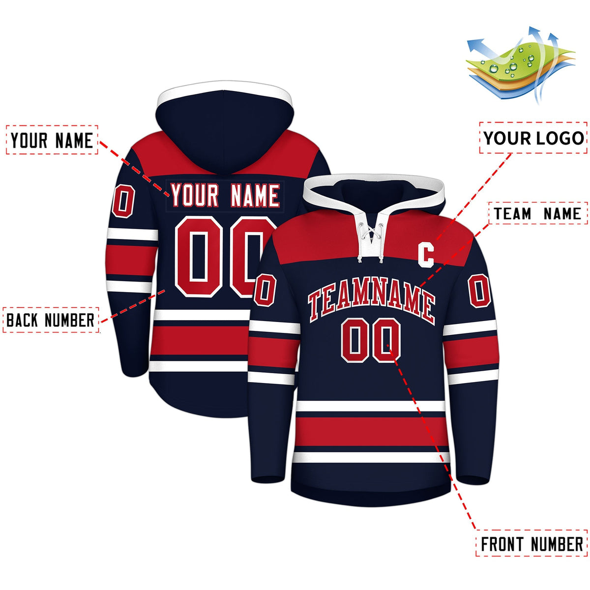 Custom Hockey Hoodie Jersey Navy Red Raglan Sleeves Lace-Up Neck Classic Team Colors Hoodie