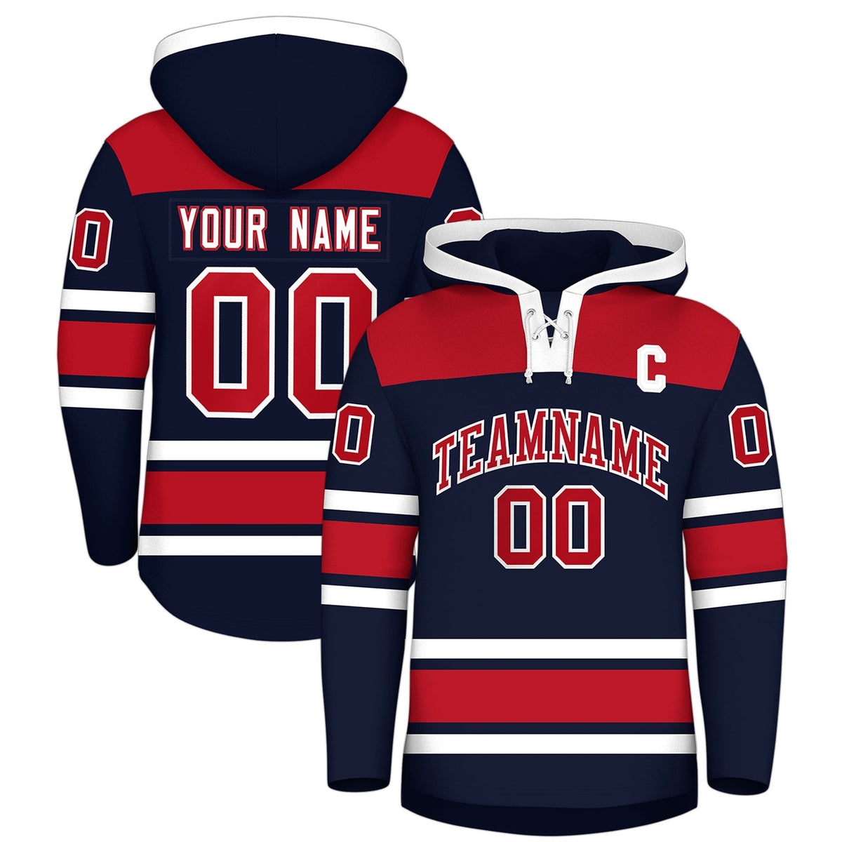 Custom Hockey Hoodie Jersey Navy Red Raglan Sleeves Lace-Up Neck Classic Team Colors Hoodie