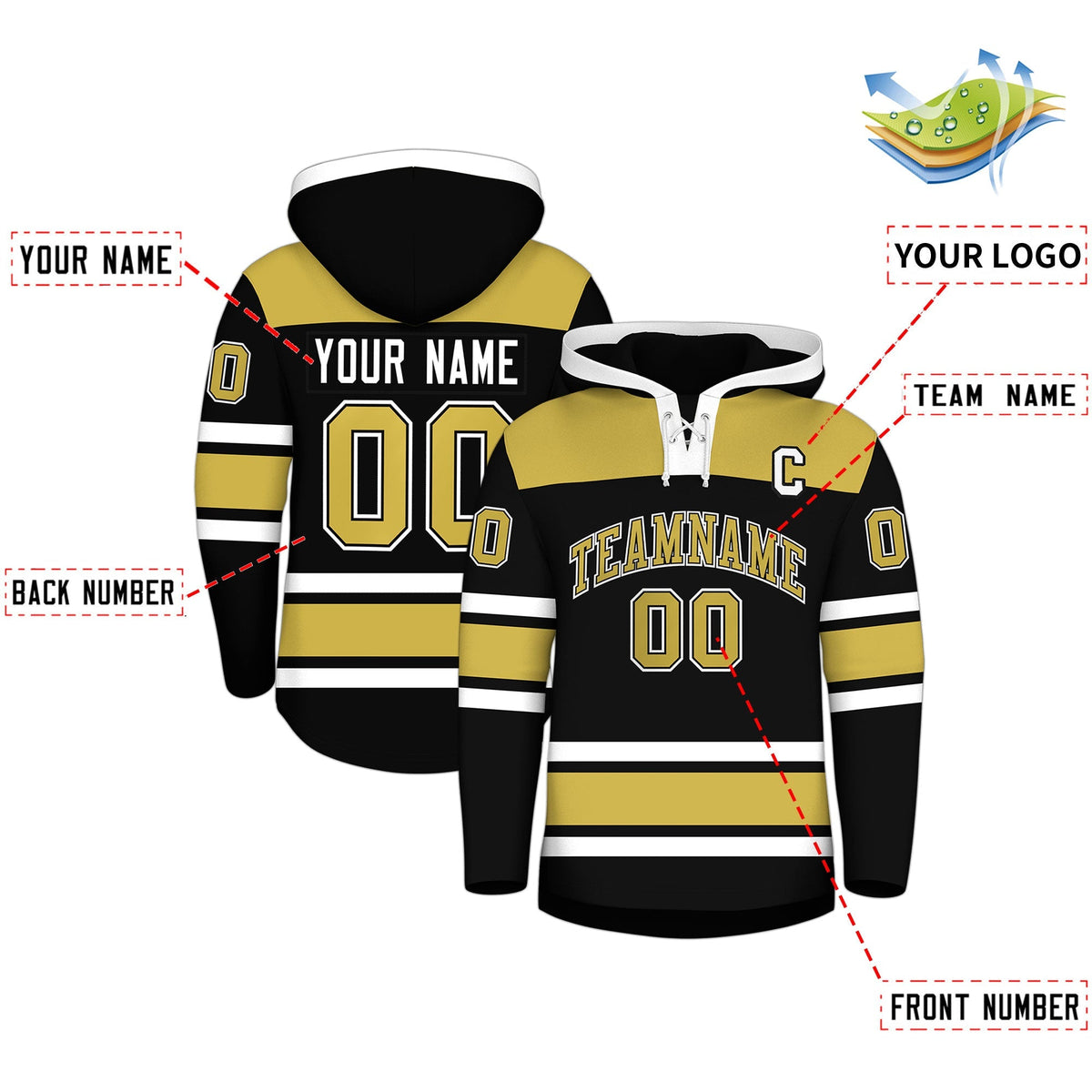Custom Hockey Hoodie Jersey Black Old Gold Raglan Sleeves Lace-Up Neck Personal Name &amp; Number &amp; Logo