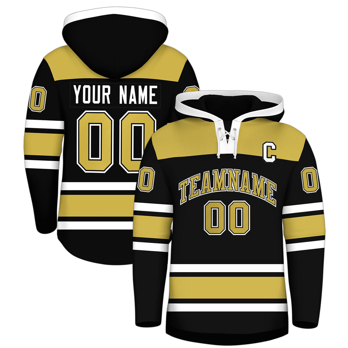 Custom Hockey Hoodie Jersey Black Old Gold Raglan Sleeves Lace-Up Neck Personal Name &amp; Number &amp; Logo