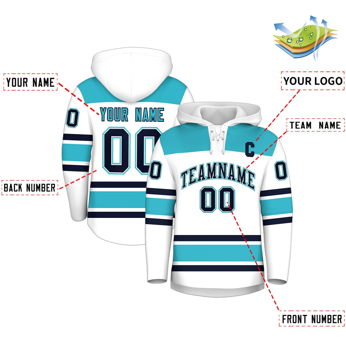 Custom Hockey Hoodie Jersey White Sky Blue Raglan Sleeves Lace-Up Neck Personalized Jersey for Men &amp; Youth