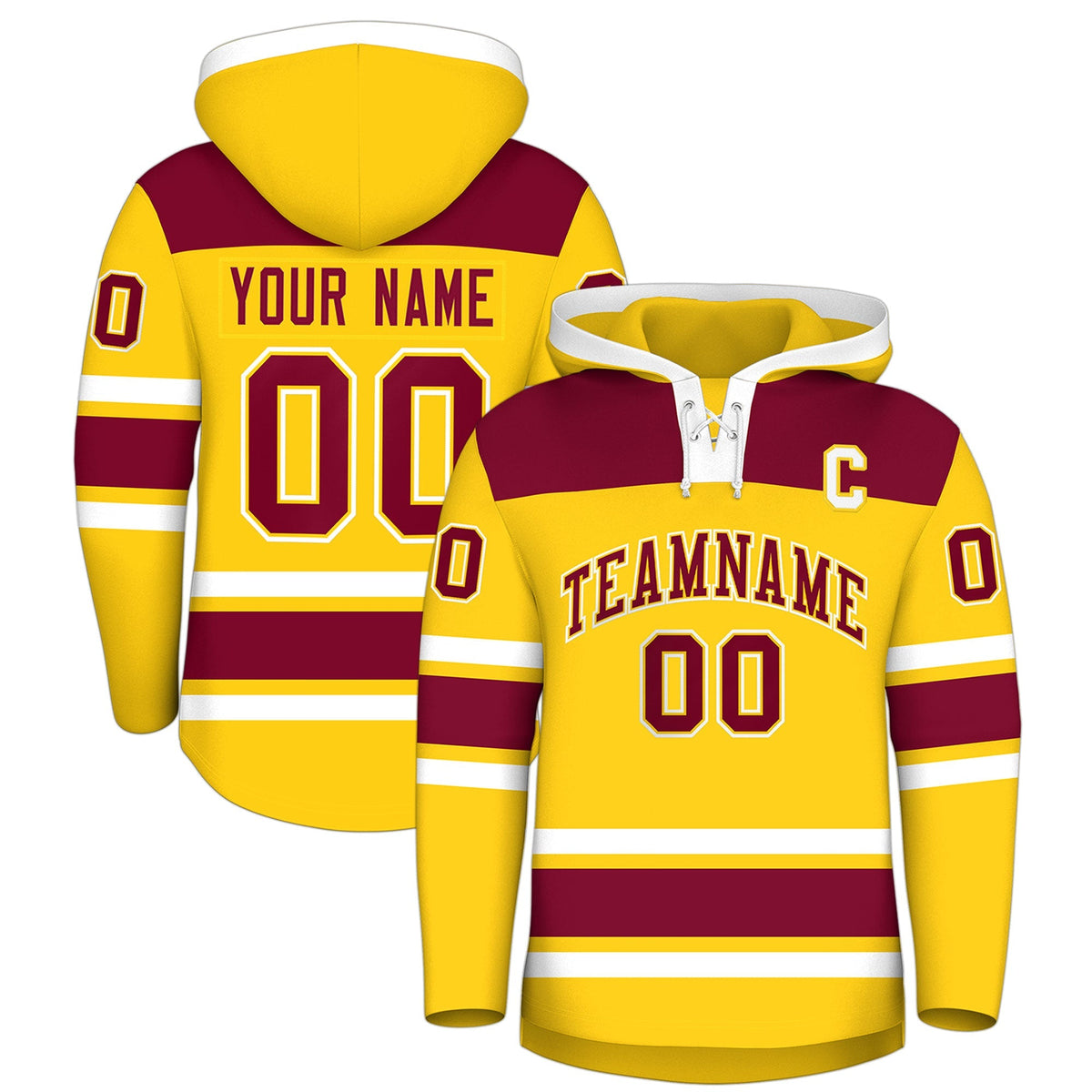 Custom Hockey Hoodie Jersey Gold Crimson Raglan Sleeves Lace-Up Neck Personalized Jersey for Men &amp; Youth