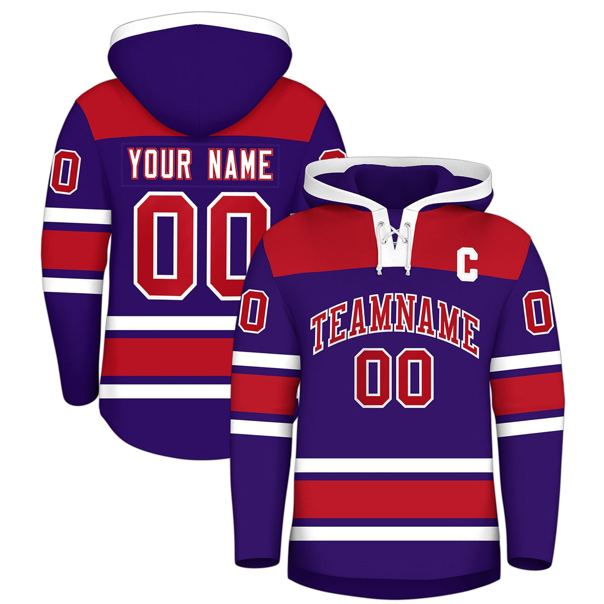 Custom Hockey Hoodie Jersey Purple Red Raglan Sleeves Lace-Up Neck Classic Team Colors Hoodie