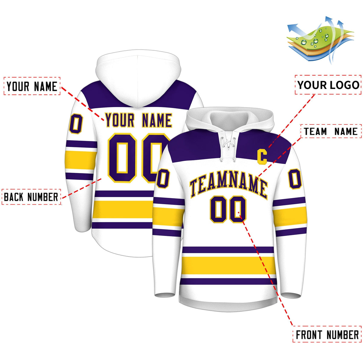 Custom Hockey Hoodie Jersey White Gold Raglan Sleeves Lace-Up Neck Personal Name &amp; Number &amp; Logo