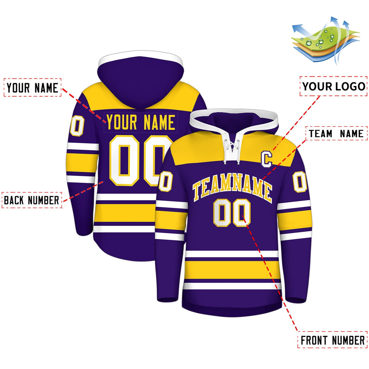 Custom Hockey Hoodie Jersey Purple Gold Raglan Sleeves Lace-Up Neck Personalized Jersey for Men &amp; Youth