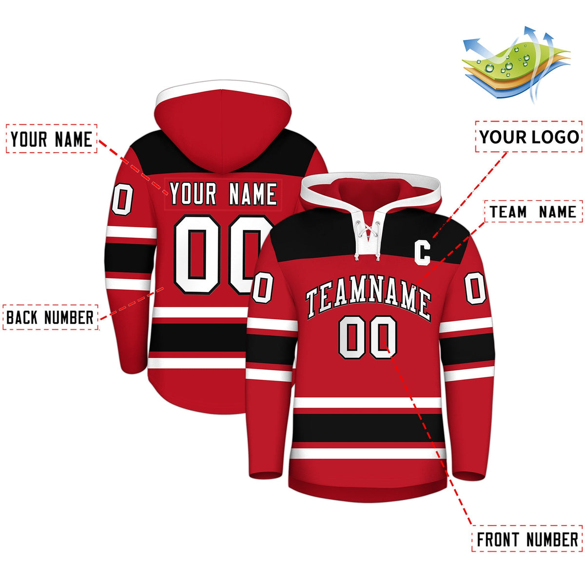 Custom Hockey Hoodie Jersey Red Black Raglan Sleeves Lace-Up Neck Classic Team Colors Hoodie