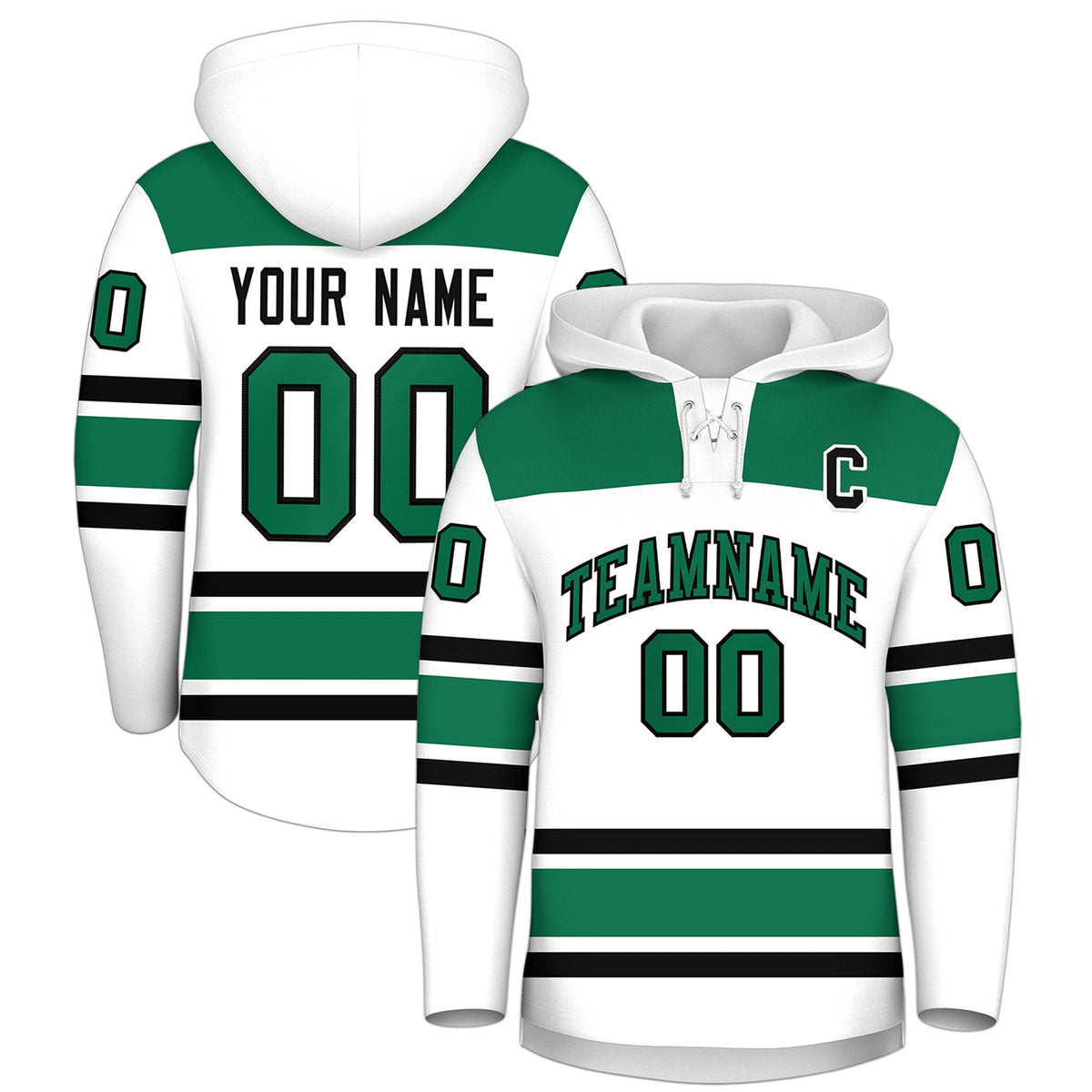 Custom Hockey Hoodie Jersey White Kelly Green Raglan Sleeves Lace-Up Neck Personalized Jersey for Men &amp; Youth