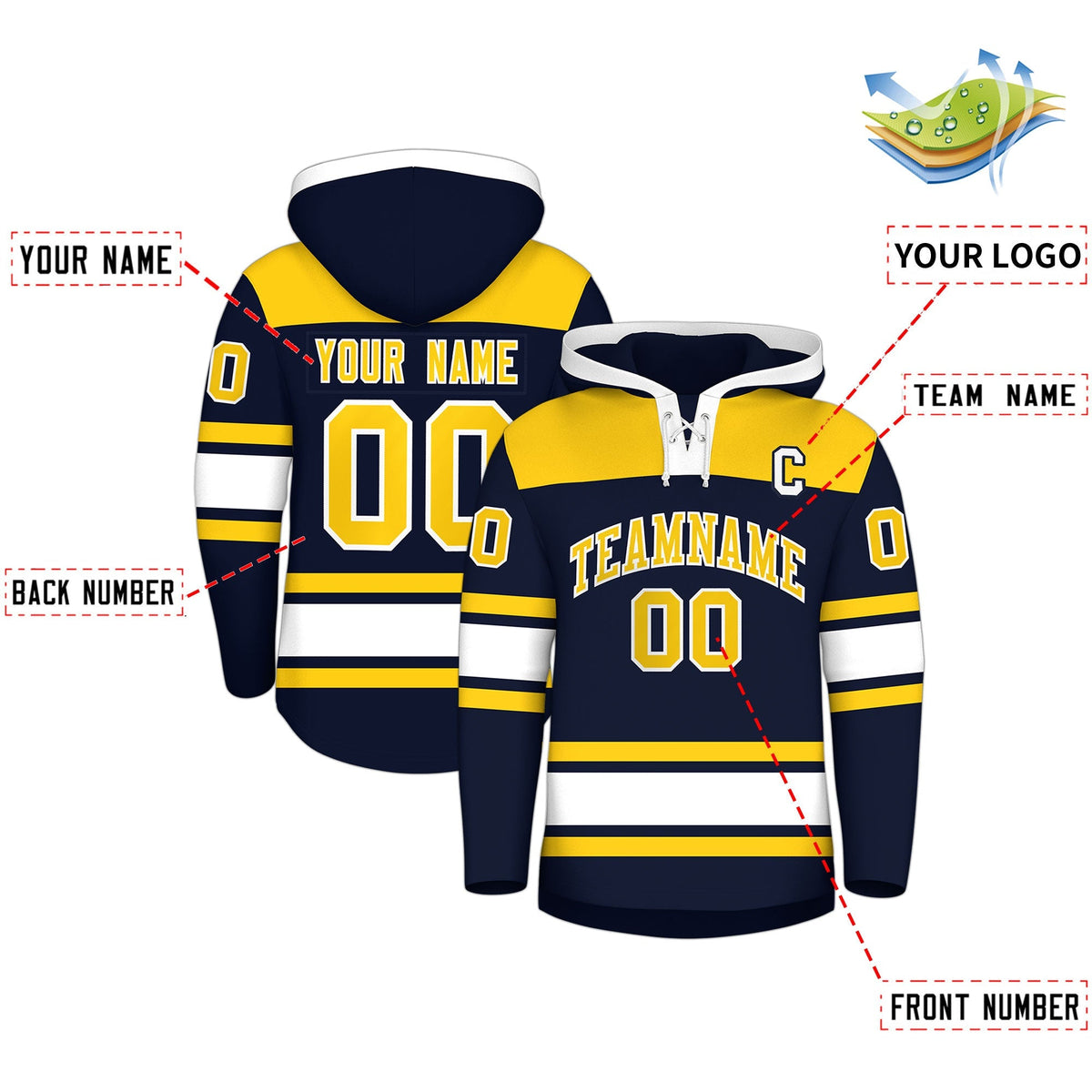 Custom Hockey Hoodie Jersey Navy Gold Raglan Sleeves Lace-Up Neck Personal Name &amp; Number &amp; Logo