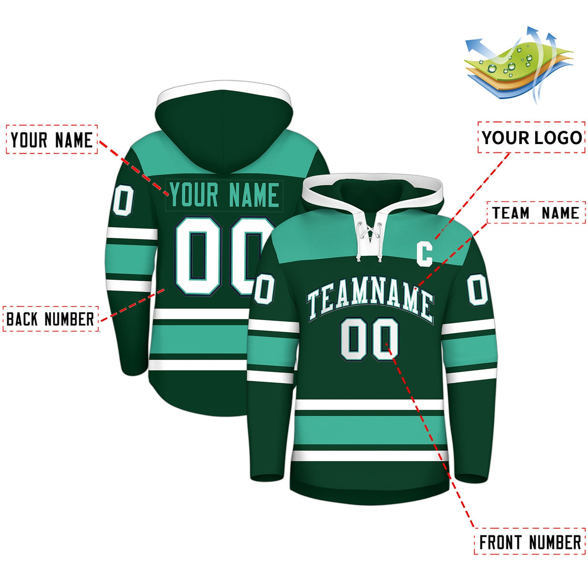 Custom Hockey Hoodie Jersey Green Bright Green Raglan Sleeves Lace-Up Neck Classic Team Colors Hoodie
