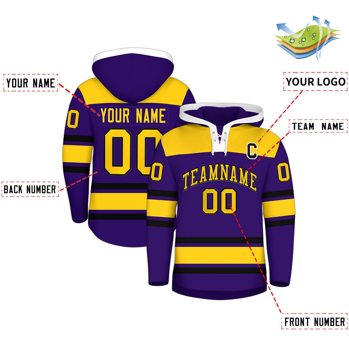 Custom Hockey Hoodie Jersey Purple Gold Raglan Sleeves Lace-Up Neck Personal Name &amp; Number &amp; Logo
