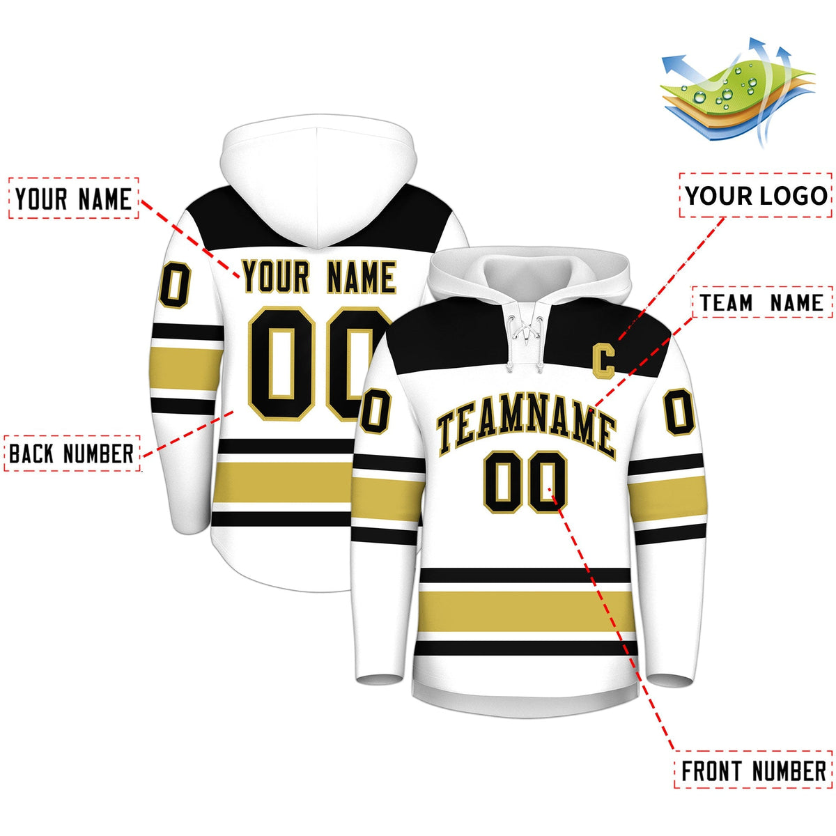 Custom Hockey Hoodie Jersey White Old Gold Raglan Sleeves Lace-Up Neck Classic Team Colors Hoodie