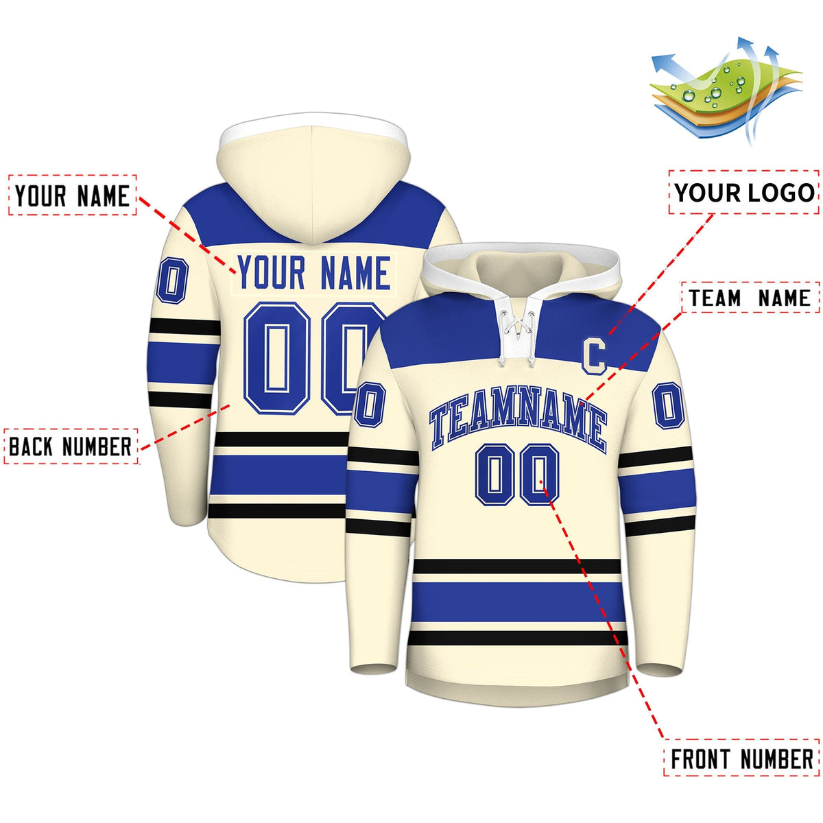 Custom Hockey Hoodie Jersey Cream Royal Blue Raglan Sleeves Lace-Up Neck Personal Name &amp; Number &amp; Logo