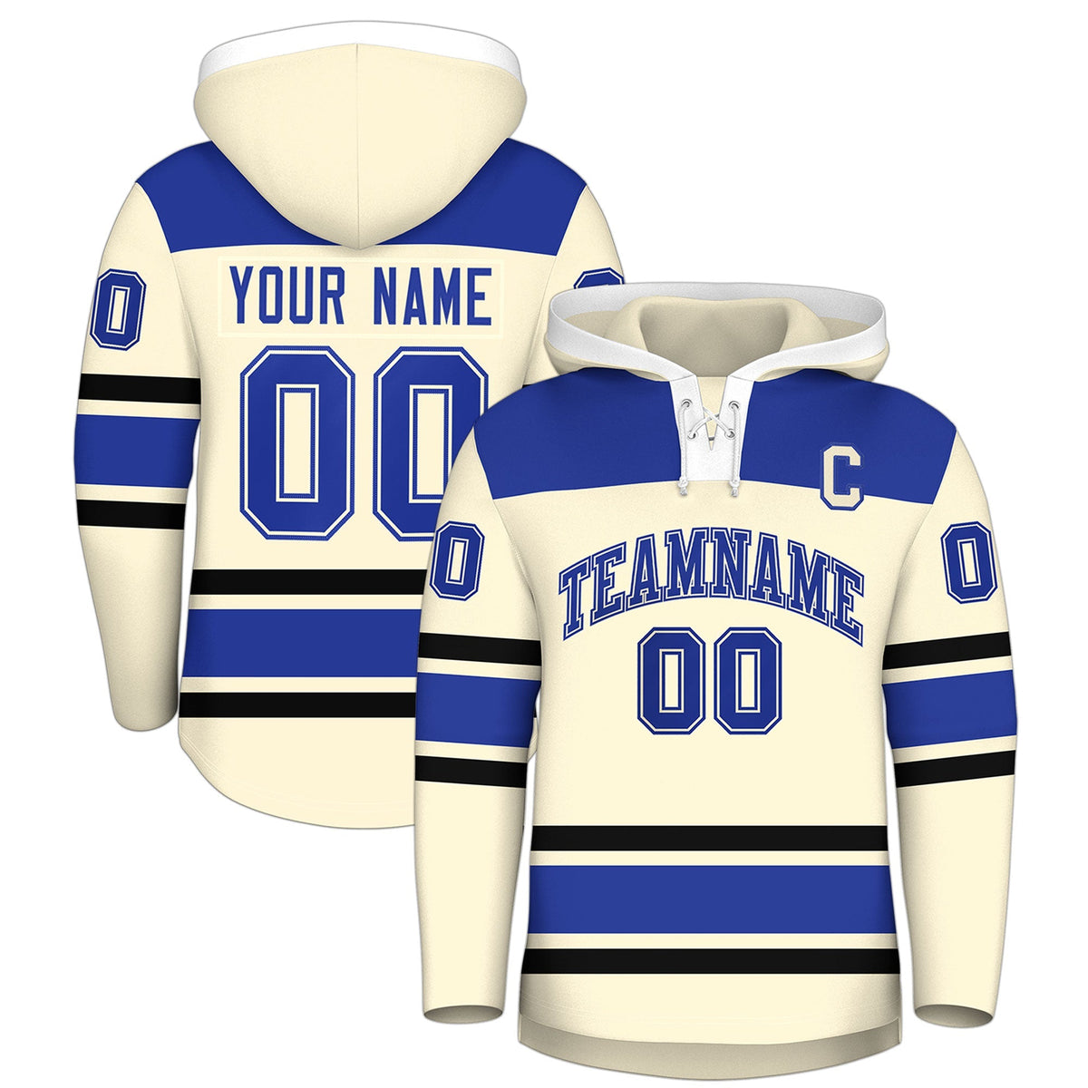 Custom Hockey Hoodie Jersey Cream Royal Blue Raglan Sleeves Lace-Up Neck Personal Name &amp; Number &amp; Logo